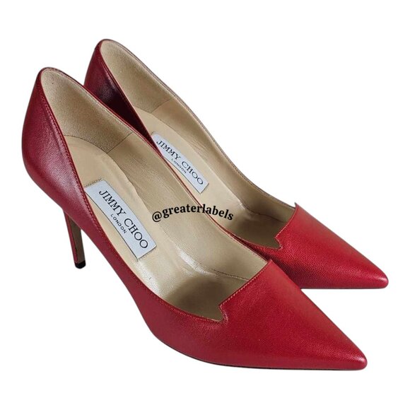 New Jimmy Choo Alia Red Leather Pumps Pointy Toes Size 37.5 - Picture 5 of 10